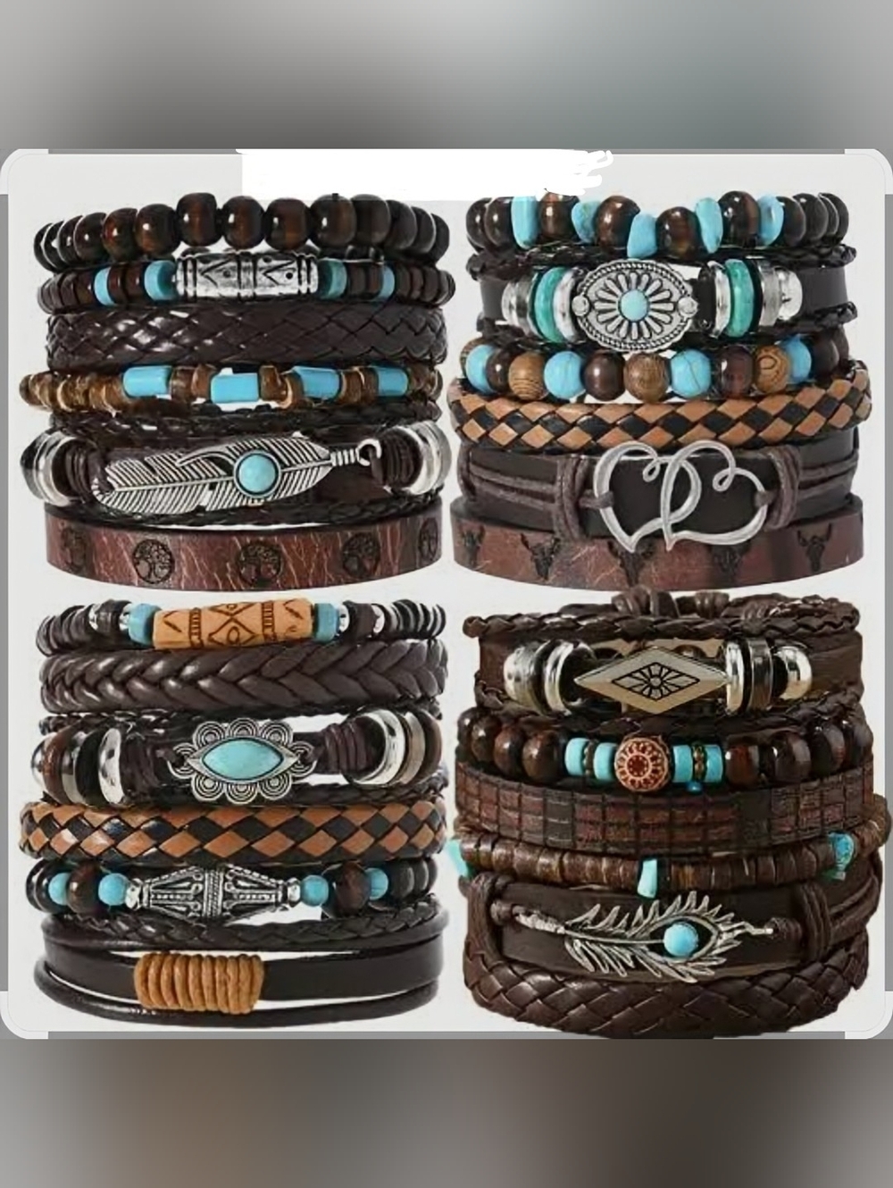 Bohemian Bracelets Brown Turquoise Silvery 6-piece  Set Hippie Style Jewelry - Picture 6 of 10